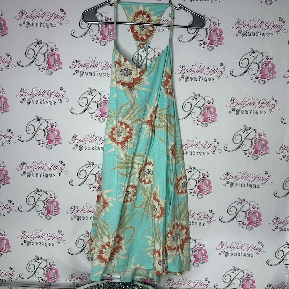 Patagonia dress Floral flowers Halter Dress in Aqua orange Beige strappy open